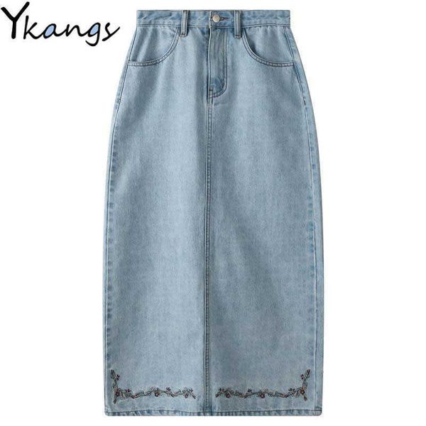 Урожай вышивка длинные джинсовые юбки женщины корейская мода одежда свободные макси юбки корейский повседневная высокая талия джинсы Saia Streetwear 210619