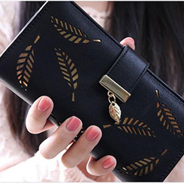 

wallets 2021 brand leaves hollow women wallet soft pu leather women's clutch female designer money clip coin card purse, Red;black