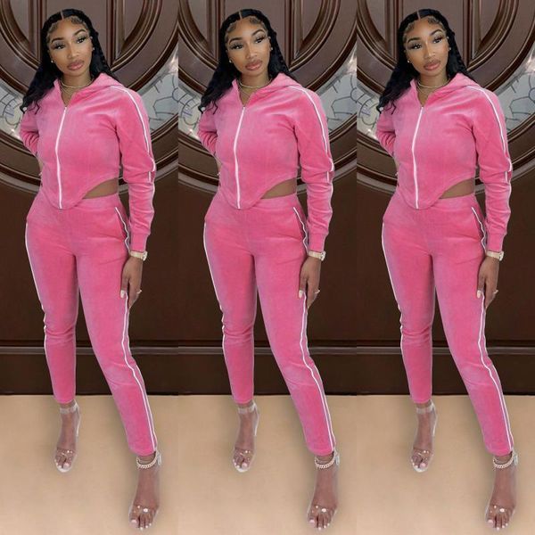 

women's two piece pants 2 set women velvet outfits tracksuit crop and pencil leggings suit zip up hooded lounge wear fitness jogger, White