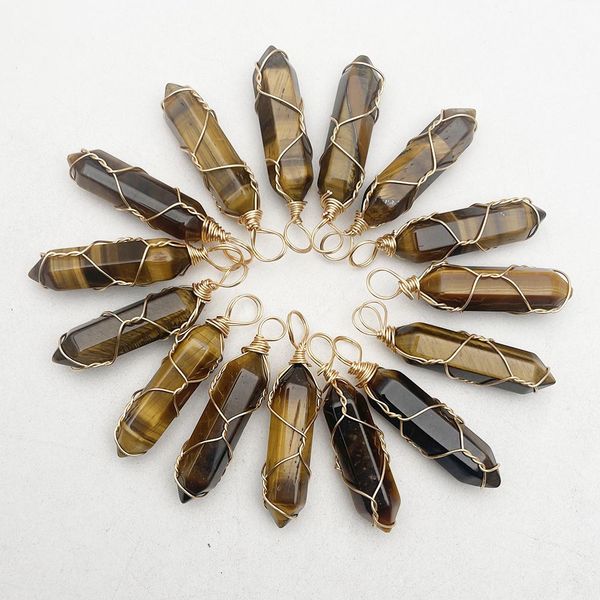

gold wire wrap natural stone charms tiger eye pendulum necklace pendant for jewelry making charm accessories, Bronze;silver