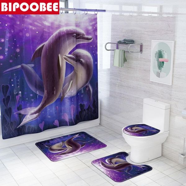 

shower curtains purple ocean bathroom set dependent dolphin pattern durable toilet cover non-slip rug fabric bath curtain