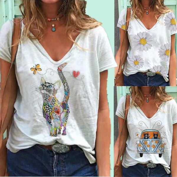 

polyester cute cat butterfly print womens t shirt fashion aesthetic design cotton casual v neck short sleeve street, White