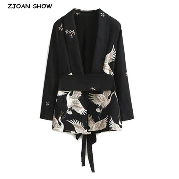 

chic cranes print sashes waist black blazer woman shawl collar slim fit mid long suit jacket coat outerwear with belt 210429, White;black