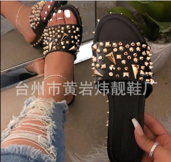 

spring summer women sandals rivet shoes bordered ladies flat form outdoor holiday slides 3 colors w-337, Black
