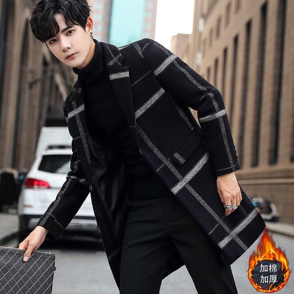 

korean style overcoat men coat winter knee length long trench outdoor ropa hombre invierno stripe jacket bd50wb men's wool & blends, Black