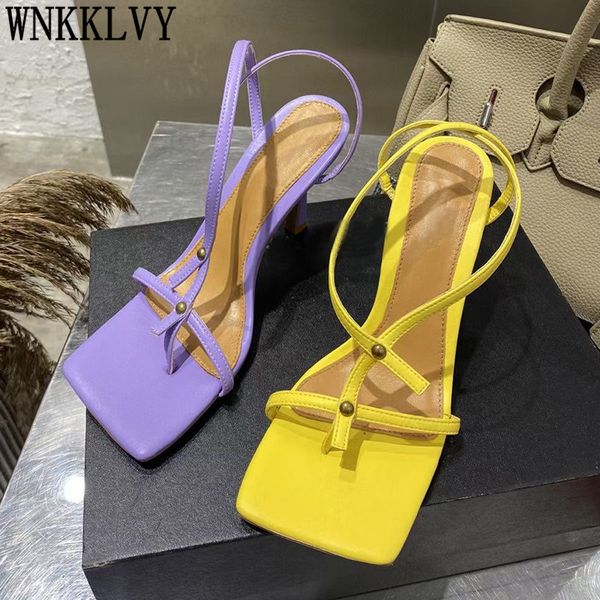 

70% off wholesale flip-flops runway thin high heels split toe sandals summer party dress shoes women rivets narrow band cross strap gladiato, Black