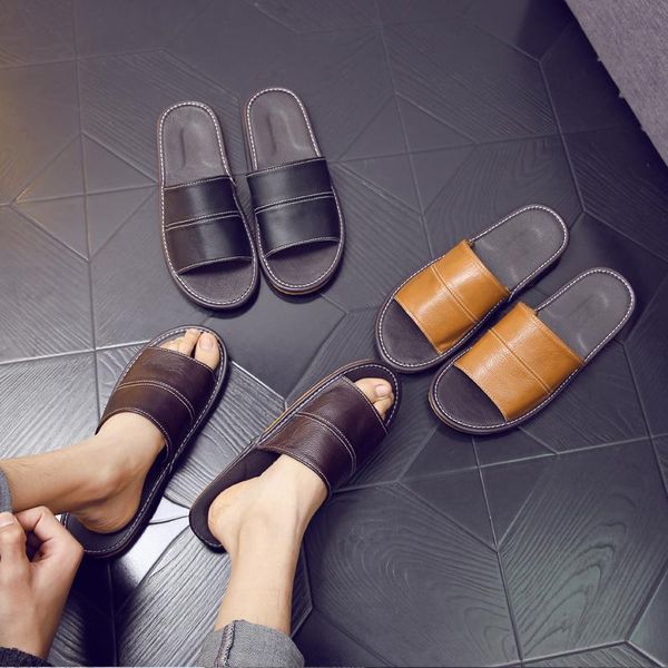 

slippers cowhide sandals and home men's indoor non-slip soft bottom furnishing leather comfortable deodorant breathable, Black