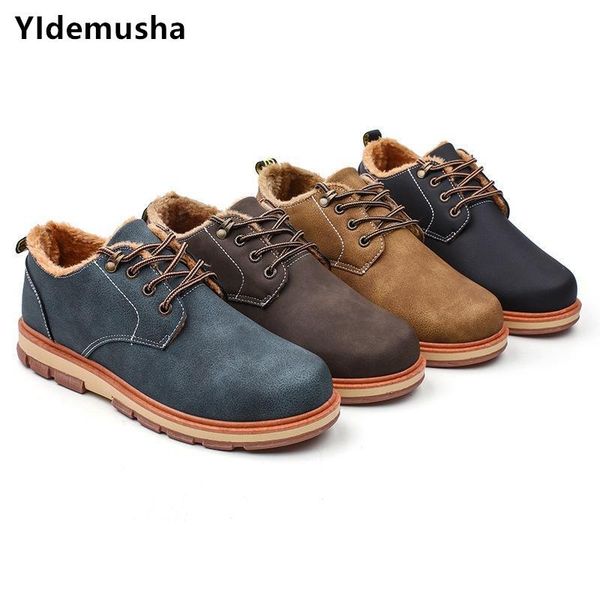 

boots men basic 2021 winter shoes casual warm plush male pu leather lace-up ankle botas hombre comfy work, Black