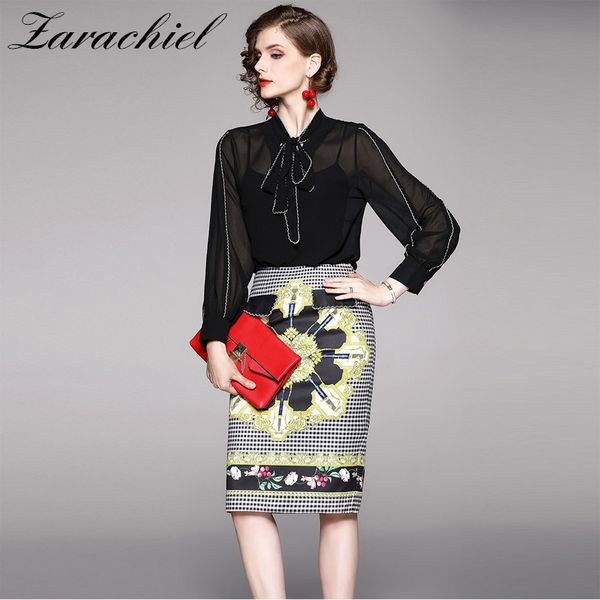 

spring women's bow collar black blouse shirt + plaid flower print midi package hip skirt suit office lady two piece set 210416, White