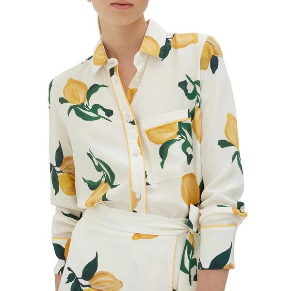 

women's blouses & shirts brand fashion women high-end luxury spring autumn vintage elegant loose fresh lemon printed silk long-sleeved, White