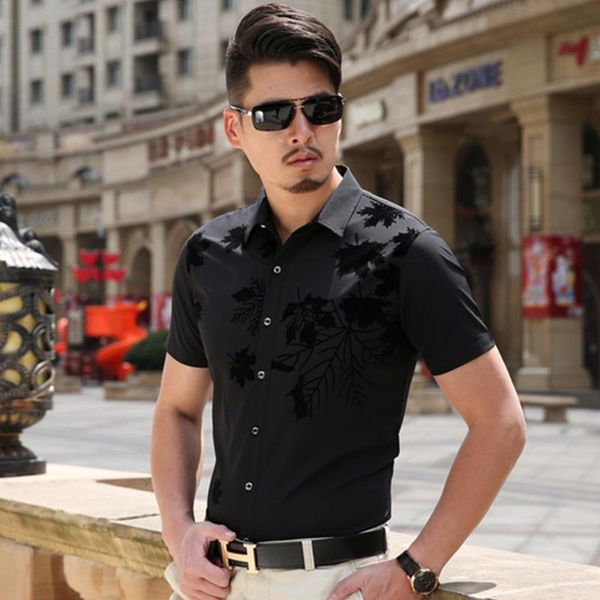

latest trendy fashion leaves pattern clothes men summer cotton shirt short sleeve men's casual shirts, White;black