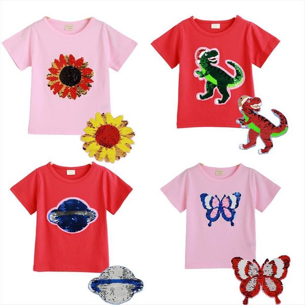 

summer girls t shirts clothing 1pcs magic sequin change graph dinosaur cotton children casual fashion shirt kids tee, Blue