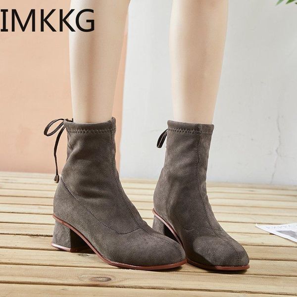 

boots fashion ankle elastic sock chunky mid heels stretch women autumn booties round toe short botas 2021, Black