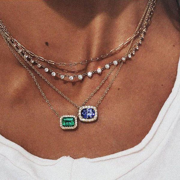 

chains personality square blue and green moonstone pendant double necklace female party jewelry accessories charm for women, Silver