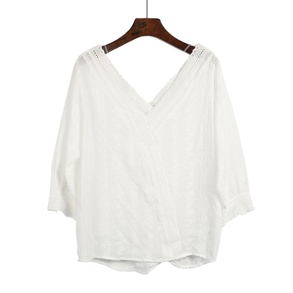 

women white v neck backless 3/4 sleeve lace loose blouse b0171 210514