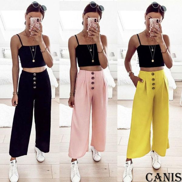 

women's pants & capris button wide leg flared high waist casual palazzo loose trousers solid ankle-length fasjopmal, Black;white