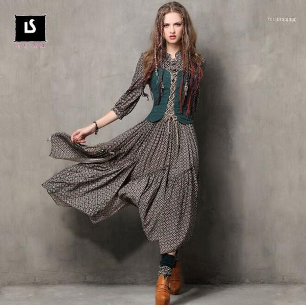 

casual dresses autumn printed irregular skirt vintage embroidery mid-sleeve dress wholesale arrival 11, Black;gray