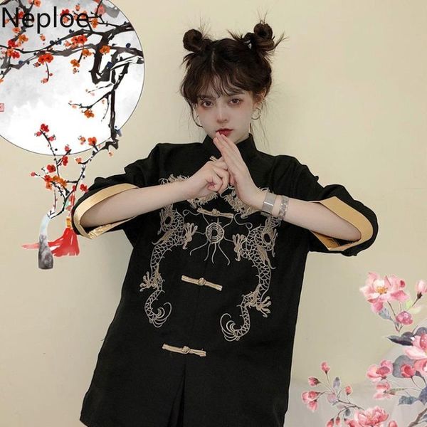 

women's blouses & shirts neploe chinese style embroidery women retro stand collar half sleeve blouse dragon traditional hanfu tangsuit, White