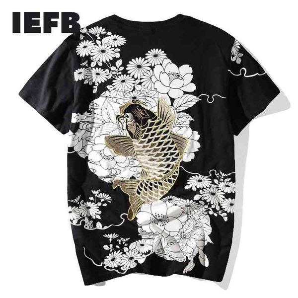 

iefb chinese style fashion men's embroidery short sleeve t-shirt summer round neck caual black white fashion tee y6008 210524, White;black