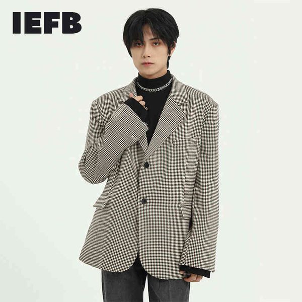 

iefb men's wear suit coat khaki plaid pattern notched collar long sleeve single breasted back split blazers famale 9y5141 210524, White;black