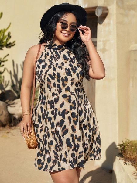 

plus allover print tie back mock neck halter dress 635j#, Black