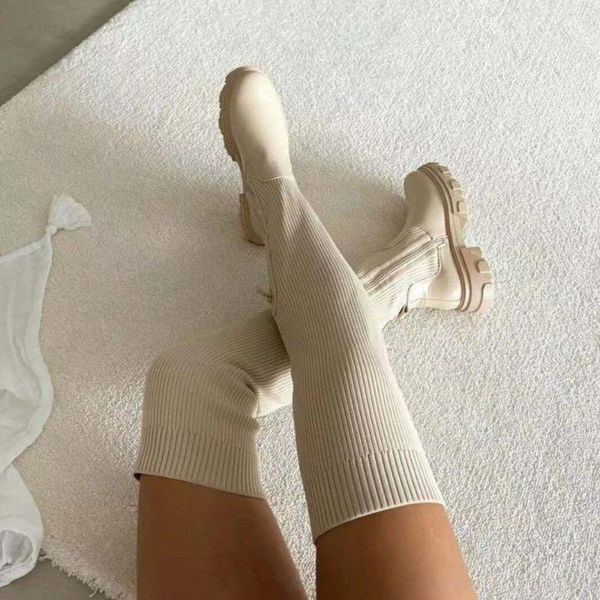 

boots winter women's socks autumn fashtion platform over the knee high heels square heel female zipper acsual, Black