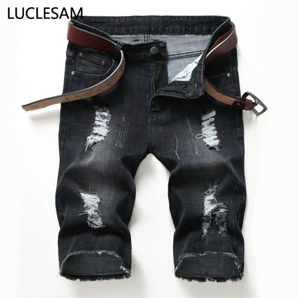 

mens ripped straight denim shorts black slim fit jeans for men 2021 stretchy short streetwear casual summer men's, Blue