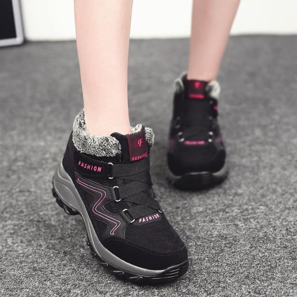 

boots winter women snow shoes round toe height increasing ankle ladies flat warm push lace-up, Black