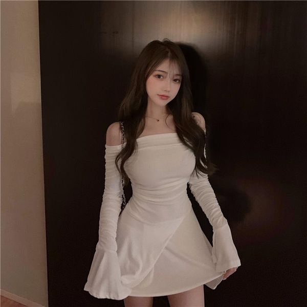 

casual dresses slash neck slim solid long sleeve empire evening party bodycon mini-dress 2021 autumn fashion brand women's clothing, Black;gray