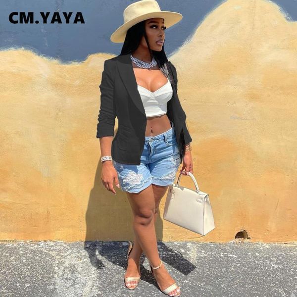 

women's suits & blazers cm.yaya women solid full sleeve single breasted pockets buttons slim fashion office lady clothing summer 2021, White;black