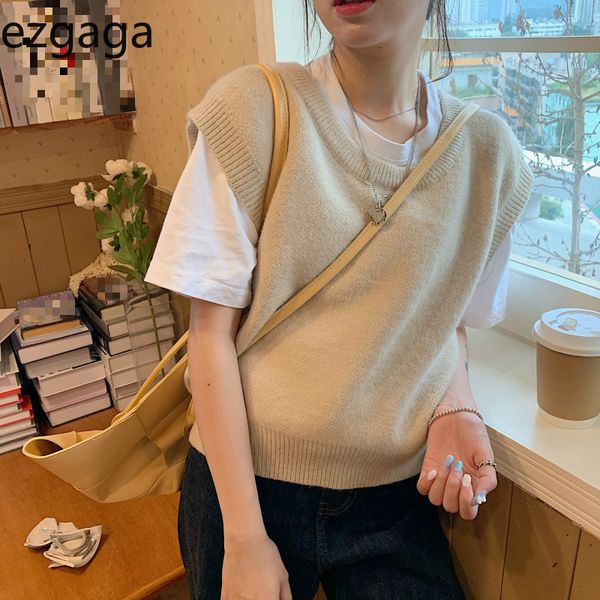 

ezgaga knitted sweater vest women preppy style korean yellow o-neck sleeveless solid outwear waistcoat streetwear pullover 210430, Black;white