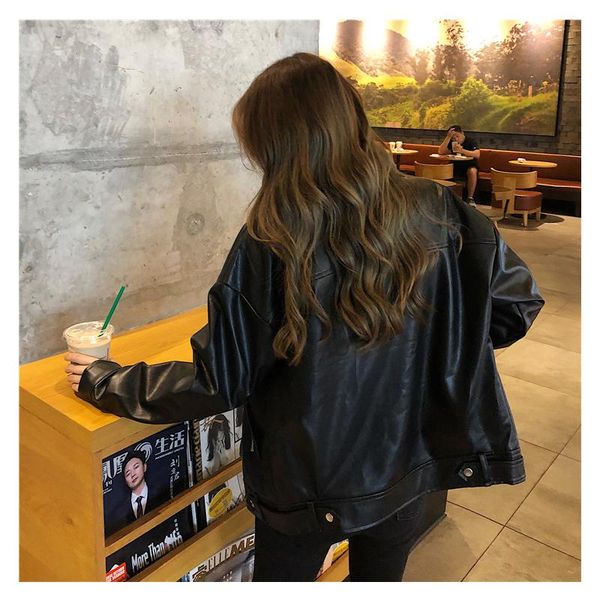 

women's leather & faux fashion oversized coat women jacket autumn loose 2021 jackets female punk streetwear womens, Black