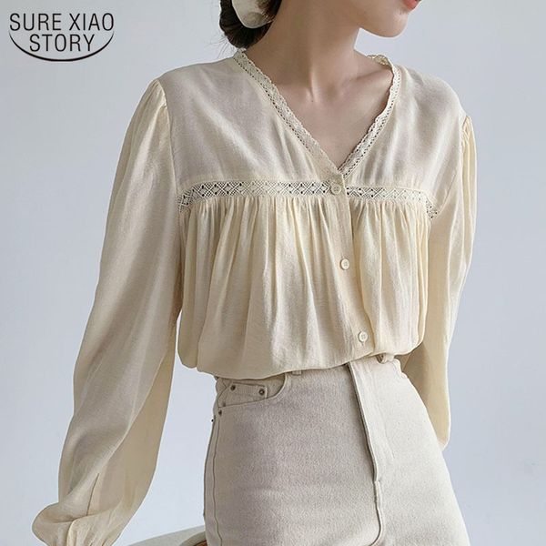 

fall long sleeve v-neck women's shirts loose pleat temperament retro and blouses blusas mujer 12513 210508, White