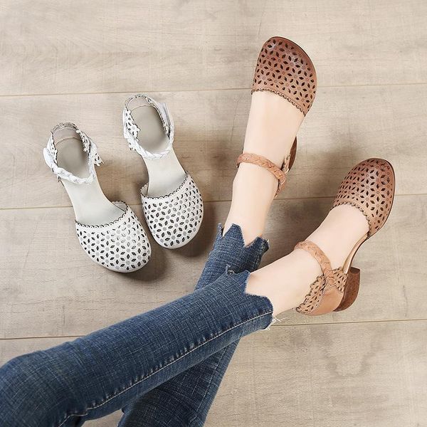 

sandals 2021 summer closed heel soft med shoes suit female beige medium retro black real block comfort girls genuine leather