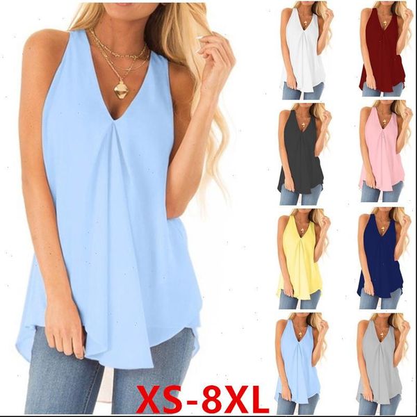 

summer plus size 8xl womens cami chiffon casual loose v neck sleeveless pullover vest solid color white black blue