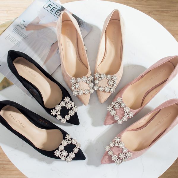 

dress shoes autumn korean-style fine pointed rhinestone square buckle with shallow mouth shoes, Black