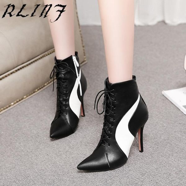 

black white lace-up boots with high 10cm fine high-heeled pointed color code size 34-43 shoes dress