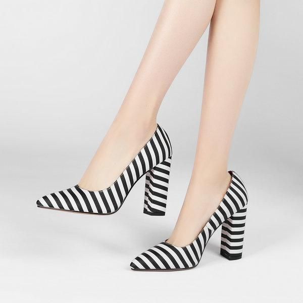 

dress shoes pointed shallow mouth thick heel high heels single shoe stripe large size 40-43 chengdu women's, Black