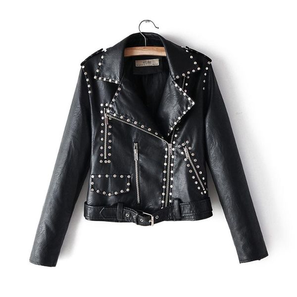 

women's leather & faux korean long-sleeved rivet jacket motorcycle belt zipper jackets, Black