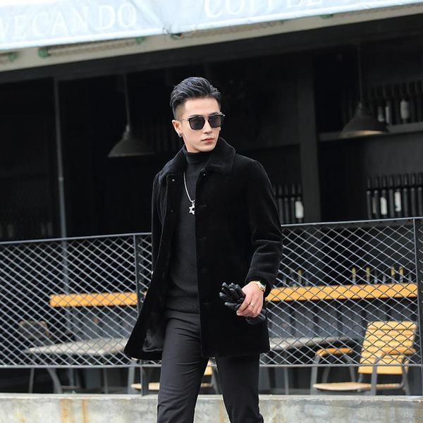 

men's leather & faux fur one male long suit collar sheep shearing coat haining lamb grass winter, Black