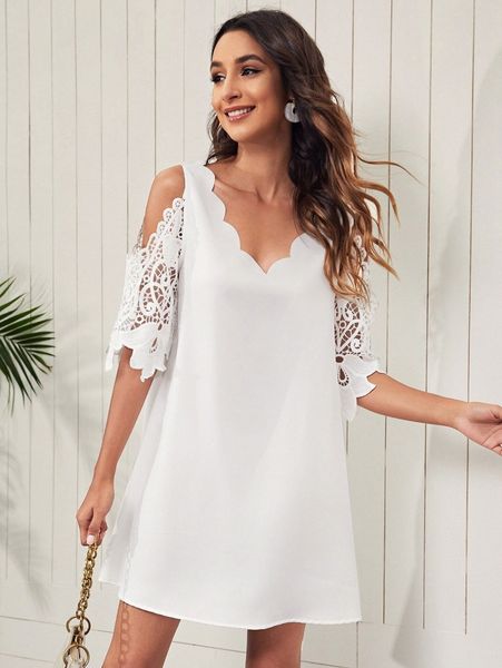 

cold shoulder guipure lace sleeve scallop trim neck dress 698p#, Black;gray