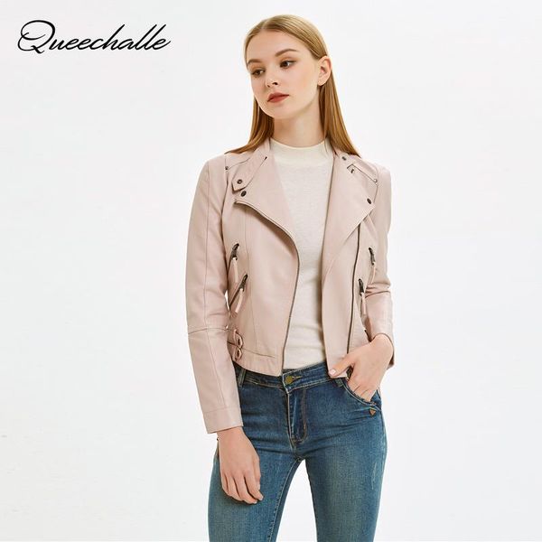 

women's jackets queechalle 2021 spring autumn pu leather jacket faux soft coat female slim zipper motorcycle pink black white, Black;brown