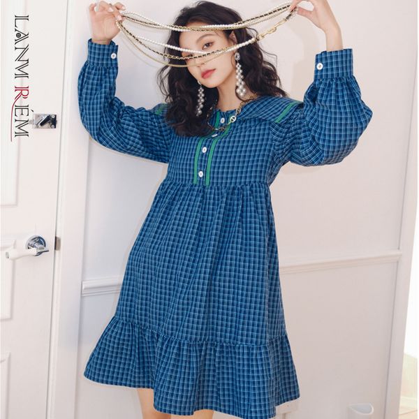 

blue plaid dress women's spring summer high waist ruffle dresses fit loose female causal fashion clothes 2d1439 210507, Black;gray