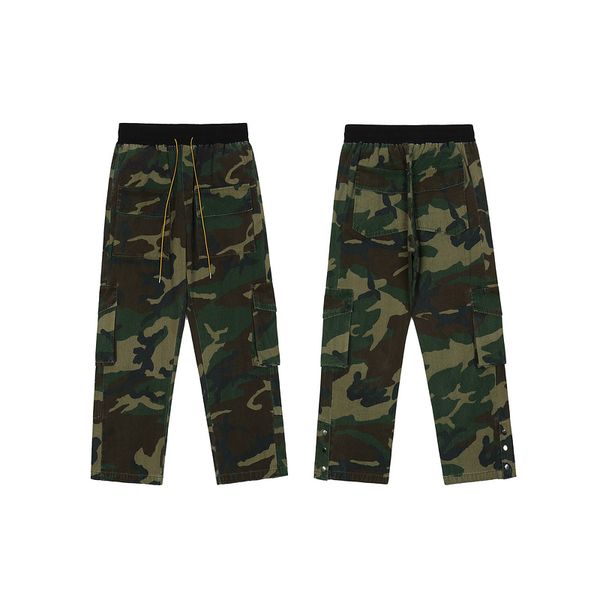 

camouflage multi-pocket rhude cargo men's pants streetwear loose camo tooling joggers drawstring trousers, Black