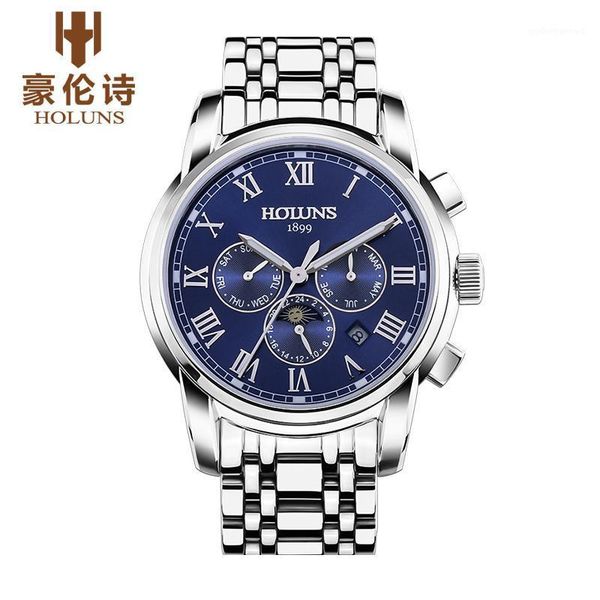 

luxury holuns brand men's watch automatic mechanical watches full steel waterproof male casual business wrist clocks wristwatches, Slivery;brown