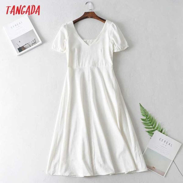 Tangada verão mulheres de algodão branco linho estilo francês vestido de manga curta senhoras midi vestido vestidos ja17 210609