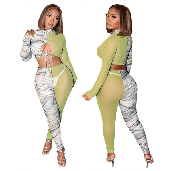

women's two piece pants mo118 europe and the united states net yarn splicing long-sleeved printing binding two-piece outfit, White
