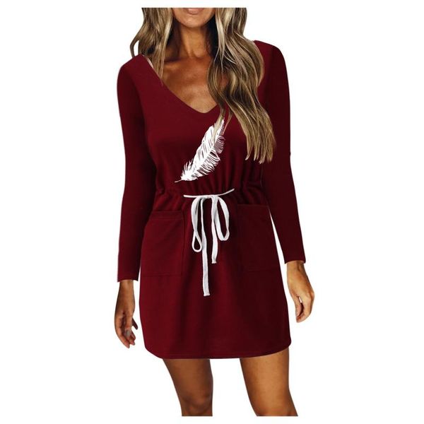

casual dresses long sleeve mini dress women streetwear for 2021 feather printed party vestidos elegantes, Black;gray