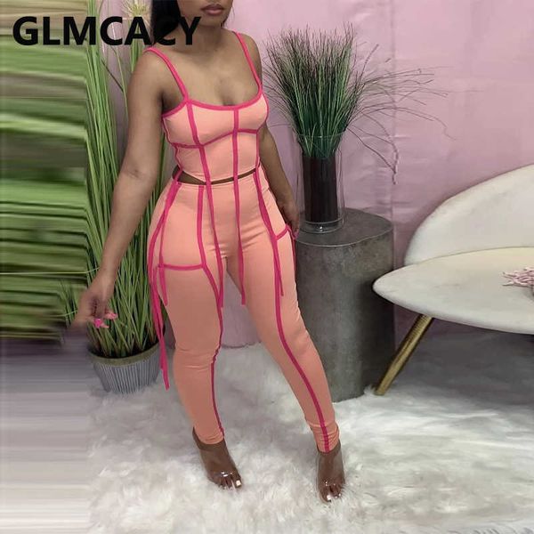 

two pieces sets women spaghetti strap & bodycon pants & club 210702, White