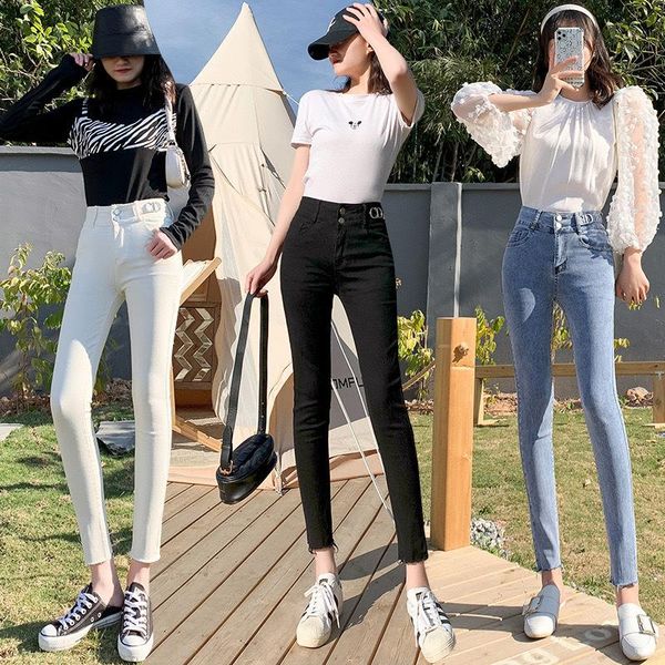 

women's jeans spring fashion simple stretch washed mid-waist trend casual pure color denim nine points thin ladies pants ws12, Blue